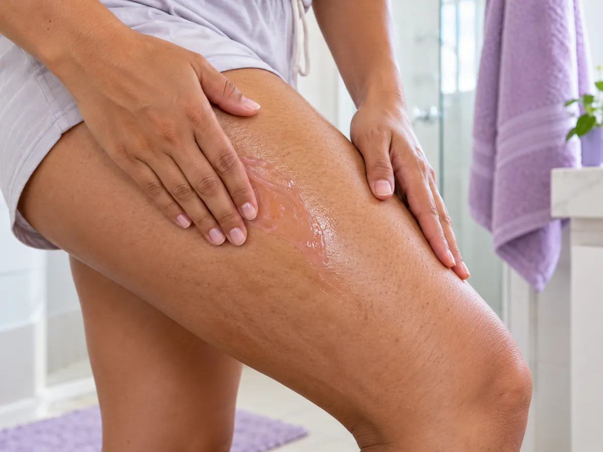 Mãos massageando o gel na coxa em movimento ascendente